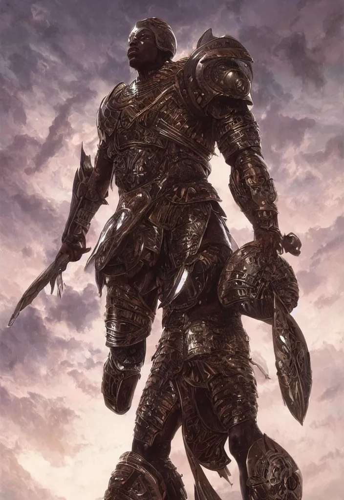 Image similar to anl muscular african warrior wearing futuristic armor holding a shield, standing in a heroic pose, ultra realistic, concept art, intricate details, eerie, horror, highly detailed, photorealistic, octane render, 8 k, unreal engine. art by artgerm and greg rutkowski and alphonse mucha