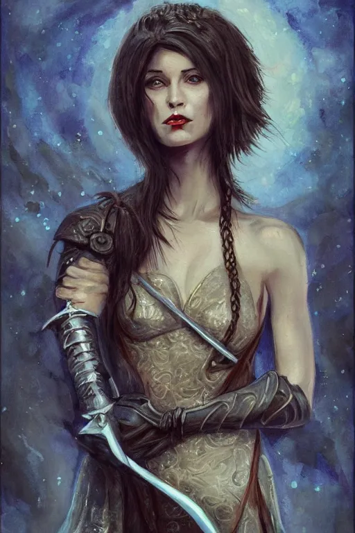 Prompt: a painting of a woman with a sword, a character portrait by Nína Tryggvadóttir, deviantart contest winner, fantasy art, wiccan, deviantart, detailed painting