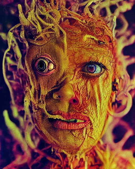 Image similar to realistic portrait of a creature experiment gone wrong, psychedelic, dark art, facing camera, photo realistic, detailed, delicate, hyper realism, ultra realistic, 8 k, 3 5 mm film