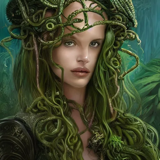 Image similar to beautiful a muse of beauty, medusa Vraska golgari queen, long flowing medusa hair, mostly green and leather pirate armor, young female face, vine like plants and jungle background, cinematic top lighting, insanely detailed and intricate, face by wlop, Charlie Bowater, golden ratio, symmetric, elegant, ornate, luxury, elite, matte painting, MTG, magic the gatheing, cinematic, cgsociety, 8k, high resolution,