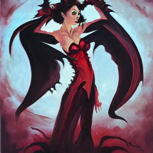 Prompt: “ evil vampire woman with five red swords floating above her, painting in the style of frank frazetta ”