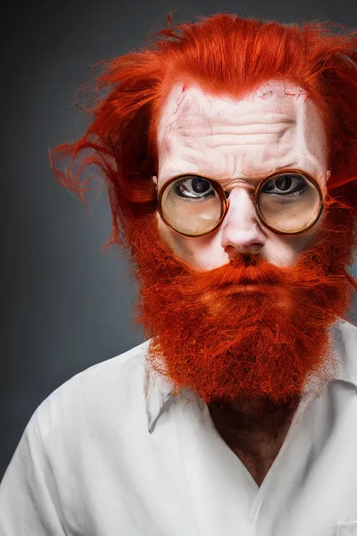 Image similar to a mad scientist with a third eye and wild red hair and beard slightly balding, high resolution film still, 4 k, hdr color