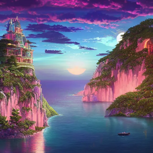 Image similar to the aesthetic view of the beautiful, grand, wistful, dreamy lonely island at dusk, hyperrealistic anime illustration by iralki nadar, colorful, extremely detailed, intricate linework, super sharp focus, bright colors, octopath traveler, studio ghibli, unreal engine 5 highly rendered, global illumination, radiant light, detailed and intricate environment