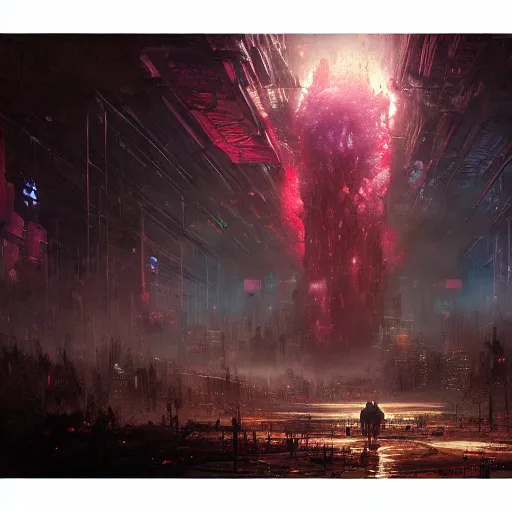 Image similar to an enigmatic and terrifying painting of a cyberpunk universe by marc simonetti, greg rutkowski, ferdinand knab, colour, hyper detail, 8 k, one giant oak, universe, nebula, burst of colour, imaginary, roots, concept art, out of this world, depth, incredible depth