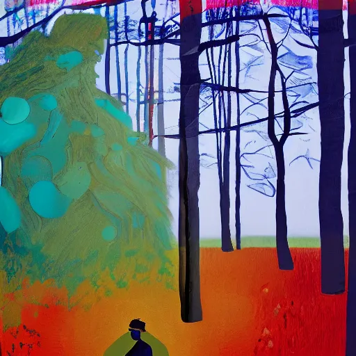 Prompt: a painting of a man and a woman in a forest at midnight, a silk screen by julian schnabel, behance, midnight hour, modern european ink painting, photoillustration, impressionism, multiple exposure, artstation