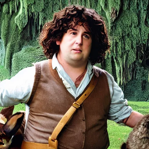 Image similar to clean shaven pudgy British lad with short curly dark brown hair as a hobbit wearing a white men's crossbody sling chest bag and blue vest standing next to a giant rabbit, high resolution film still, movie by Peter Jackson