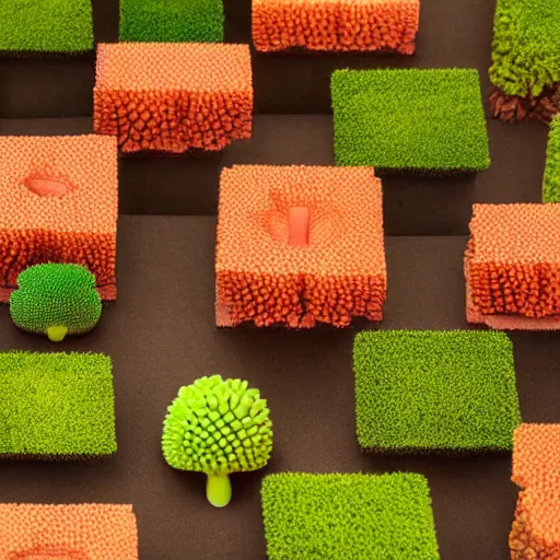 Prompt: composition of nine square boxes with different plants forms, diorama, front view, led lamps, coral reef, tremella fuciformis, grass, leaves, romanesco broccoli, abstract sculpture, 8 k