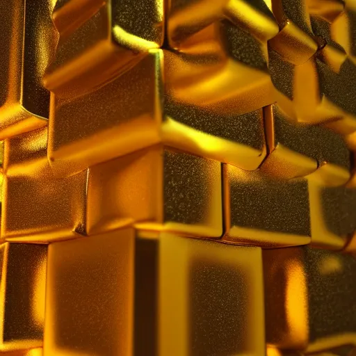 Prompt: wave particles emitting gold light surrounded by metallic cubes, 3D render, octane, bright colors, hyperrealistic