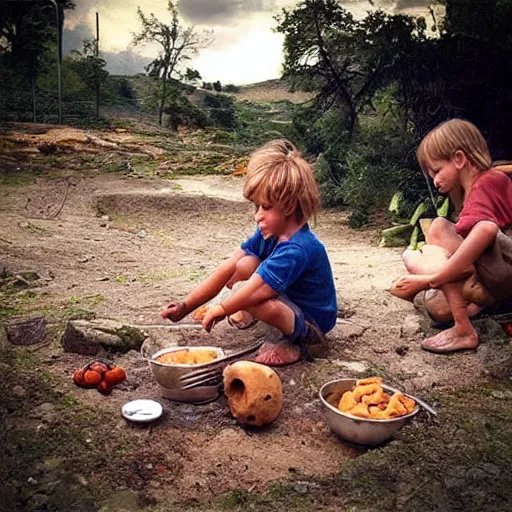 Image similar to “ kids in stone age looking for food, realistic ”