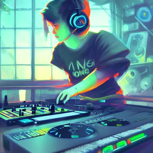 Prompt: hand drawn cute hardcore music dj, playing music for online streaming, detailed face, concept art, low angle, high detail, warm lighting, volumetric, godrays, vivid, beautiful, trending on artstation, by jordan grimmer, huge scene, art greg rutkowski