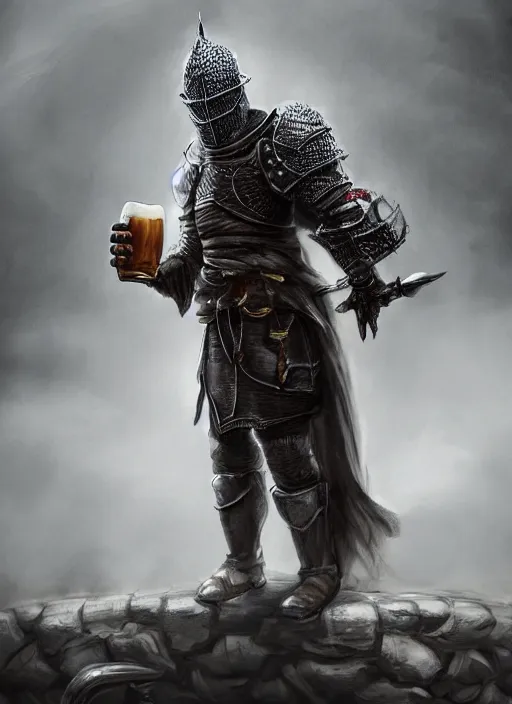 Prompt: knight drinks beer, beer, glass, beer mug in hand, intricate, triumphantly, foggy background, standing on concrete, hand on hip, hand on hip!, full body art, dark souls, drawing, concept art, artstation