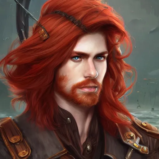 Prompt: rugged young ship captain, male, handsome, red hair, long hair, soft hair, fantasy, intricate, elegant, highly detailed, steampunk, digital painting, artstation, concept art, character art, smooth, sharp focus, illustration, art by artgerm