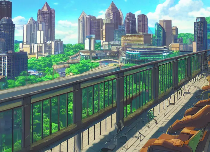 Image similar to looking out the balcony at the city of Pittsburgh, anime scenery by Makoto Shinkai, epic digital art