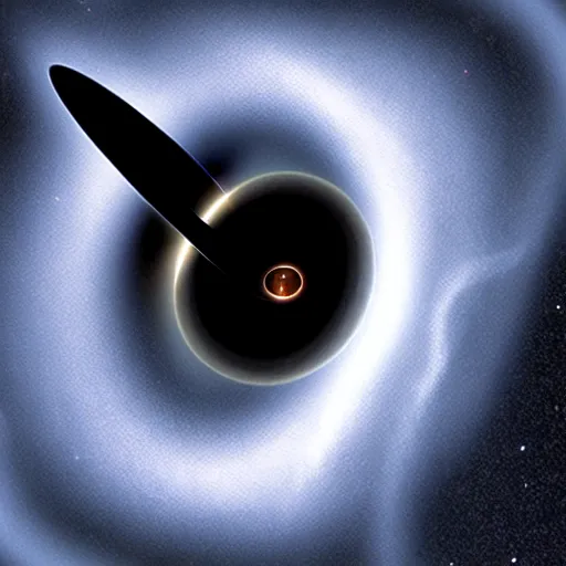 Prompt: Starship in orbit of a black hole, black hole, black hole, accretion disk, credit ESA