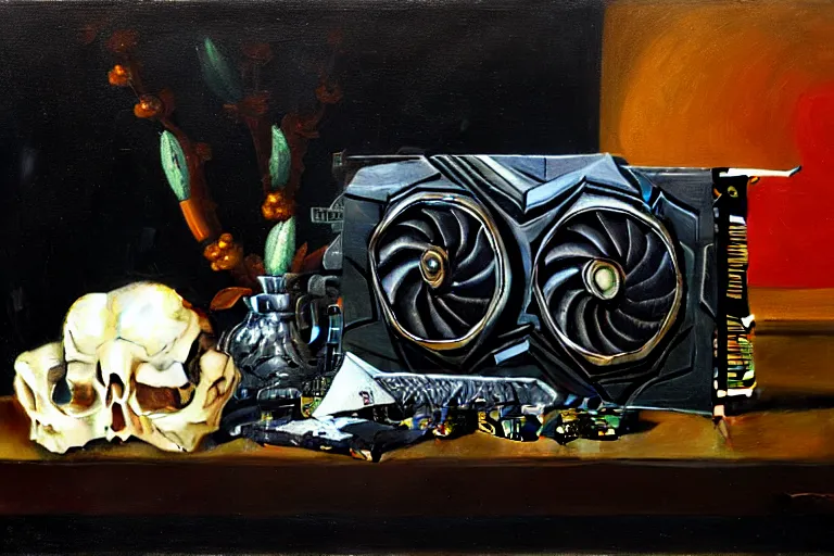 Image similar to a vanitas painting depicting an NVIDIA RTX A100 GPU, graphics card