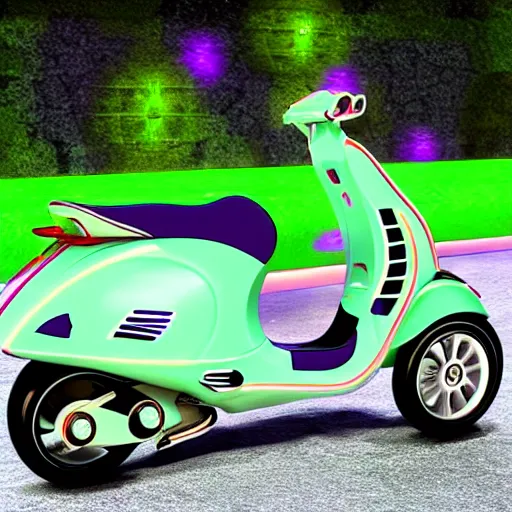 Image similar to futuristic luxury Vespa scooters 3D model with psychadelic colors for rich hippies and nature lovers.