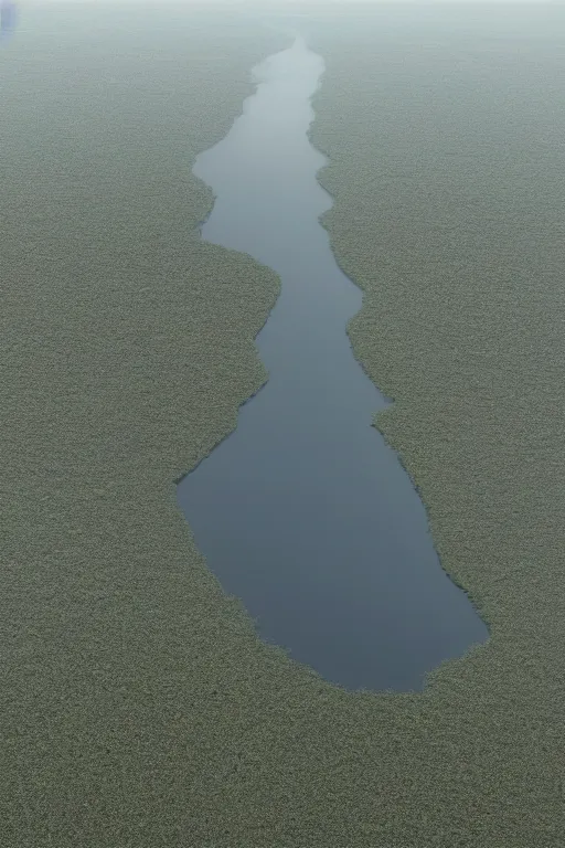 Image similar to realistic full height 7 0 mm cinematic flat rothko picture stunning river delta aerial top view highly detailed intricate particle simulation in houdini of dense swampland by denis villeneuve and hiroshi yoshida, hazy morning foggy, distant rainstorm, hyperrealism, muted moorland colors, matte painting, trending on artstation, 4 k detailed post processing, rendered in octane