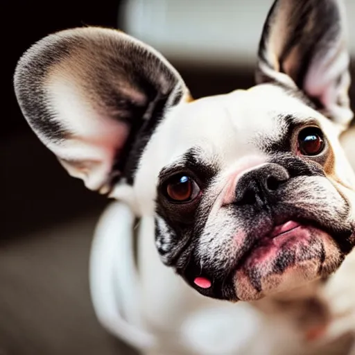 Image similar to photo of a sad white and brown french bulldog with a cone around his head