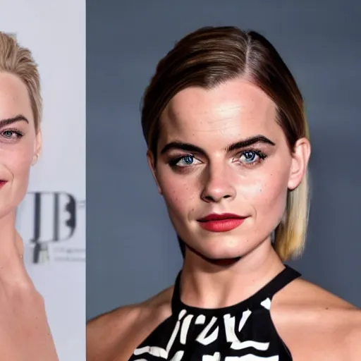 Image similar to a woman who is a genetic combination of margot robbie and emma watson face and upper - body focus