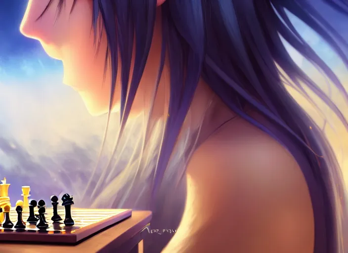 Image similar to profile shot of rimuru tempest playing chess, with amber eyes of golden colored eyes, straight hair, sky blue hair, long bangs, high collar, concept art, award winning photography, digital painting, cinematic, by wlop, anime key visual, wlop, 8 k, by ross tran, tom bagshaw, andy warhol