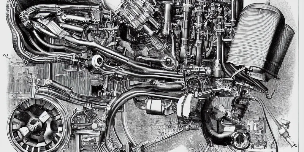 Image similar to f1 engine cutaway scientific illustration by Ernst Haekel highly detailed by jean giraud moebius engineering black and white chrome