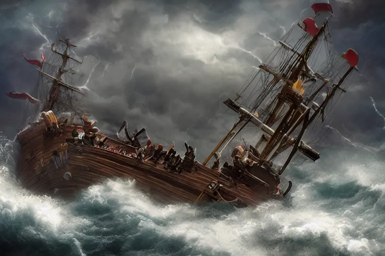 Image similar to epic pirate ship cannon battle in a storm, in the style of vernon grant and chris van allsburg, raging stormy sea, trending on artstation, bright tilt - shift camcorder effect, photoshop, retrowave, hyperrealism, octane, sharp focus, masterpiece