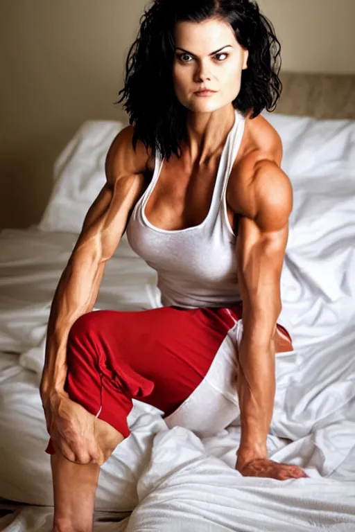 Image similar to realistic photograph. warrior woman, 2 7, in her bedclothes. tight white tanktop shows strong feminine figure. loose comfortable red pajama pants. jaimie alexander. short hair, straight, ravenblack. faircomplected but tan. tall gracile, but thick ripped jacked vascular buff muscular arms and large ample female bust.