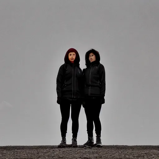 Image similar to photograph of 2 women wearing techwear in front of a brutalist metal building, on a desolate plain, red eerie sky, sigma 8 5 mm f / 1. 4, 4 k, depth of field, high resolution, 4 k, 8 k, hd, full color