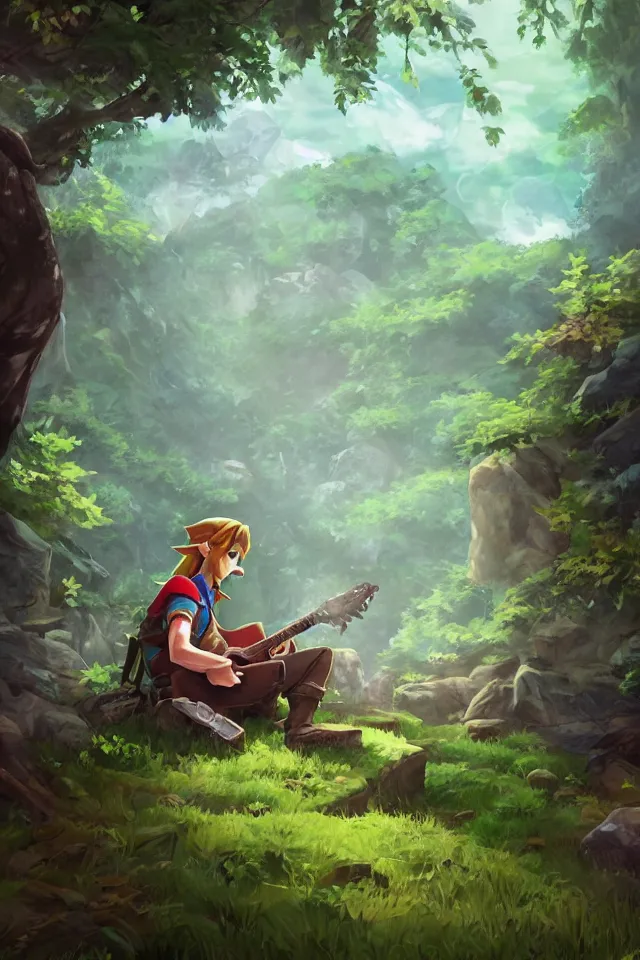 Prompt: a concept scene illustration of link sitting in woods of hyrule playing ocarina, with a crystal texture and a dreamy atmosphere ， super wide angle ， matte painting ， rtx on ， trending on cgsociety and artstation