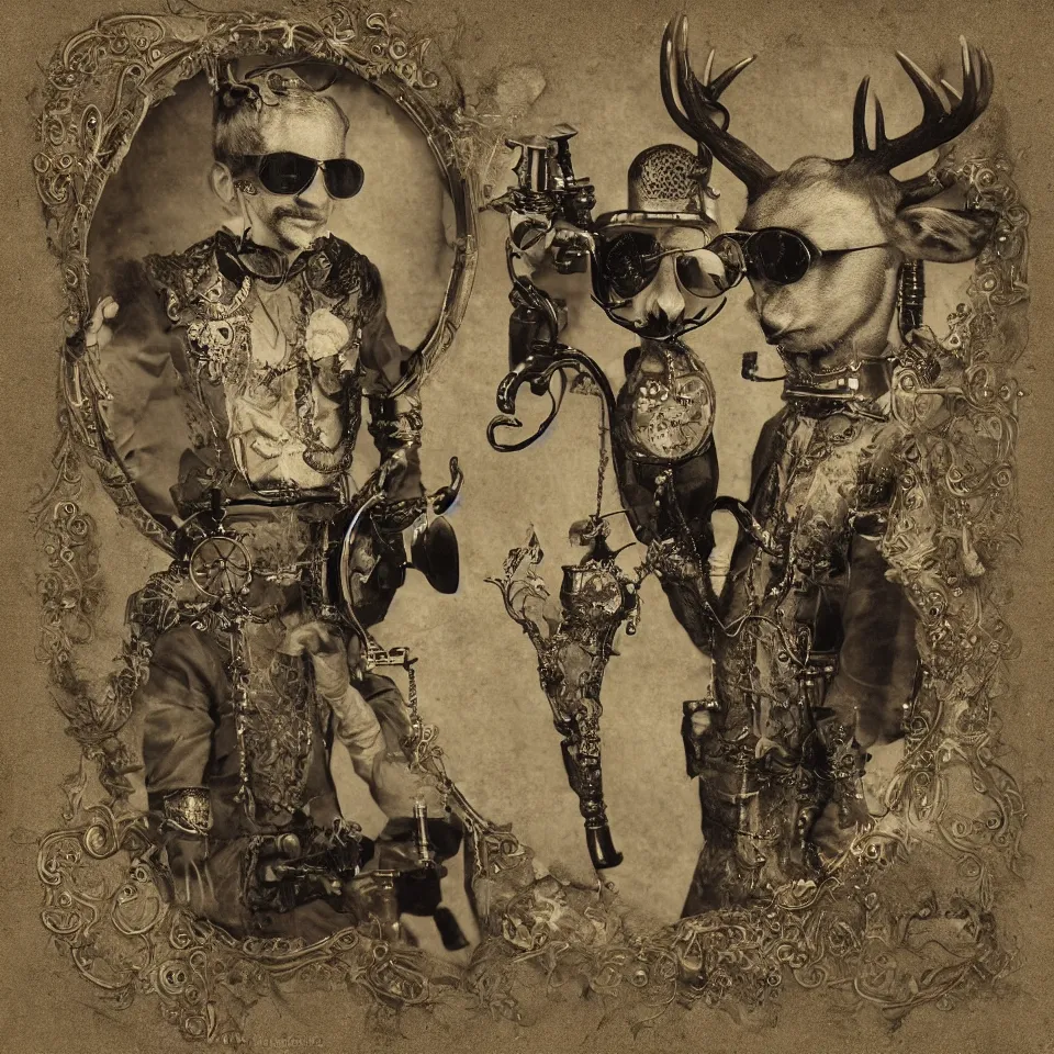 Prompt: computer art of a humanoid steampunk deer with sunglasses smoking a pipe. He is smirking and has the appearance of an academic. Sabattier effect, tintype by Emek Golan, by Virginia Frances Sterrett lifelike