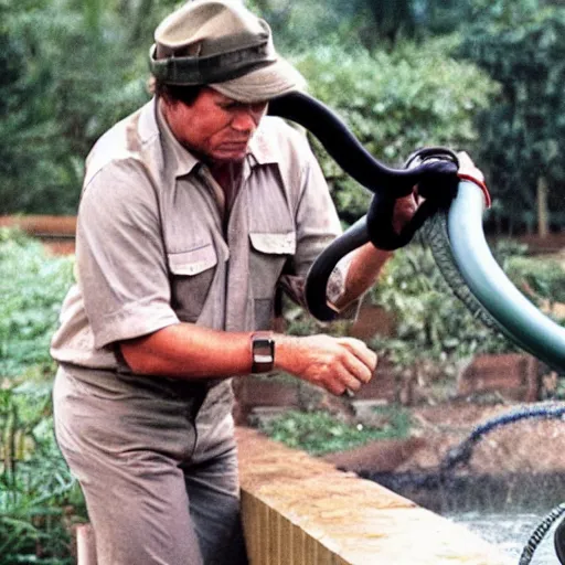 Prompt: Steve Irwin captures a garden hose