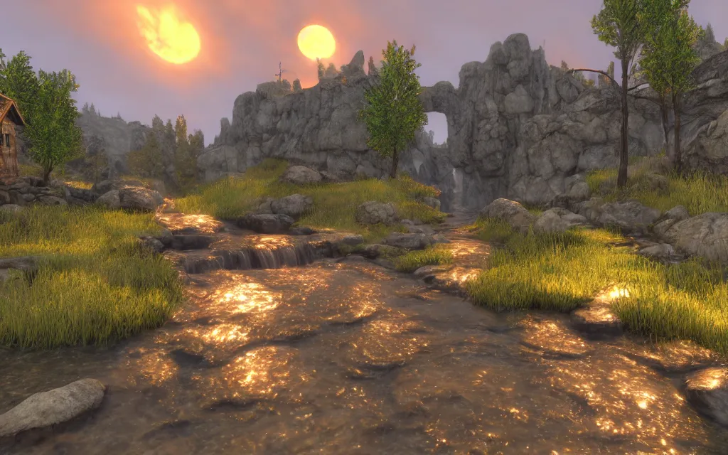 Image similar to a stream runs through a medieval village large orange sunset light clouds cows 3 d render skyrim