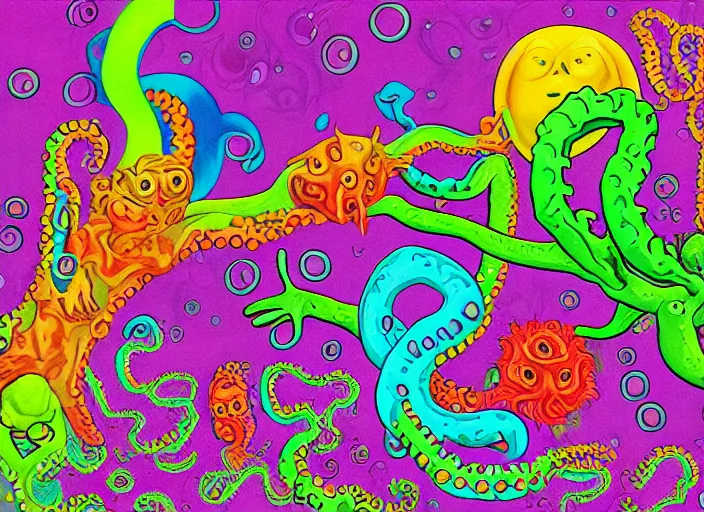 Prompt: lovecraftian grotesque fleshy hellscape artwork by Lisa Frank