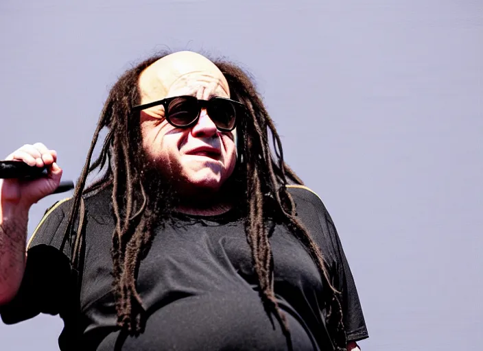 Image similar to publicity photo still of danny devito touring with korn live on stage, 8 k, live concert lighting, mid shot