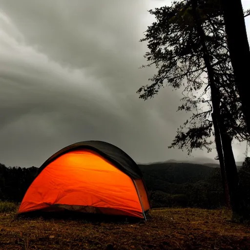 Prompt: stormy night at a campsite, dramatic lighting, gloomy, 4 k, dark, flickr