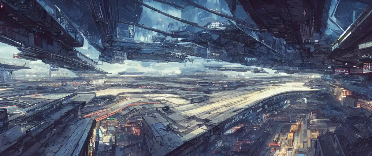 Prompt: a beautiful and detailed illustration of an airport in a cyberpunk city, cinematic atmosphere, establishing shot, viewed from below, first person perspective