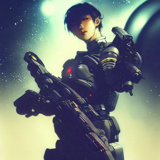 Prompt: bokeh, beautiful detail, stars in the sky, cybernetic, sci-fi space game art, jeon Jungkook holding a gun. alien planet art by Akihito Yoshitomi AND Yoji Shinkawa AND Greg Rutkowski, Mark Arian trending on artstation