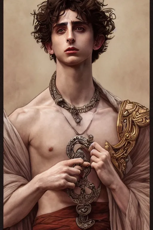 Image similar to ultra realistic illustration, timothee chalamet as orpheus from baldurs gate and diablo, intricate, elegant, highly detailed, digital painting, artstation, concept art, smooth, sharp focus, illustration, art by artgerm and greg rutkowski and alphonse mucha