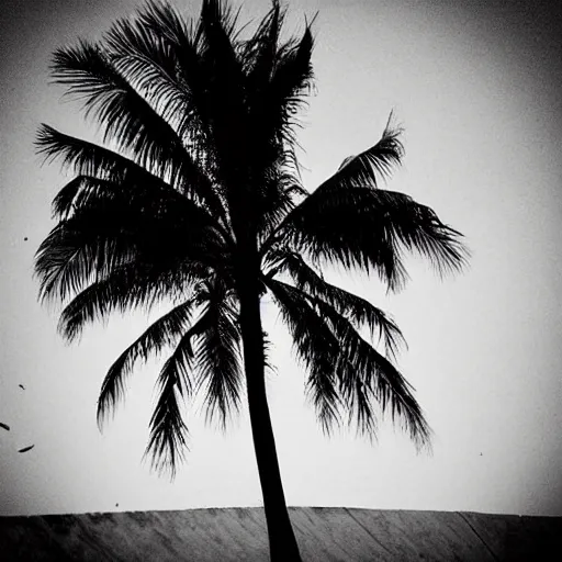 Image similar to “a single burning palm tree at night in a desolate graveyard 🪦 with fiery burning bright embers falling from the night sky. Photograph. Cursed image.”