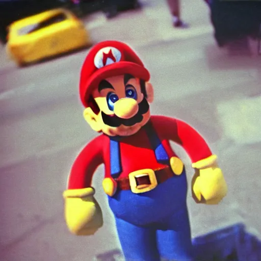 Prompt: 35mm pentax k1000 photograph grainy abstract experimental expired film photo of real human Video Game Character Super Mario in 1960s New York City