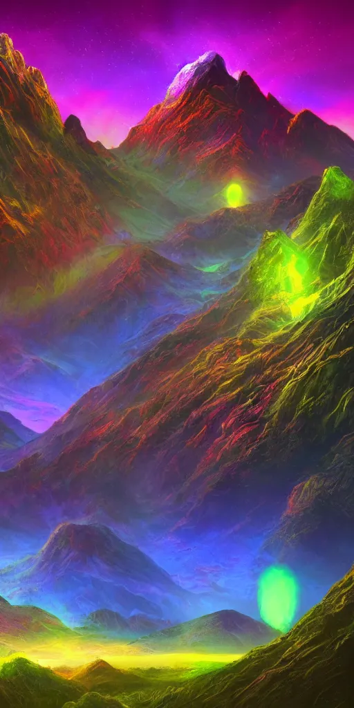 Image similar to a beautiful neon alien landscape, mountains