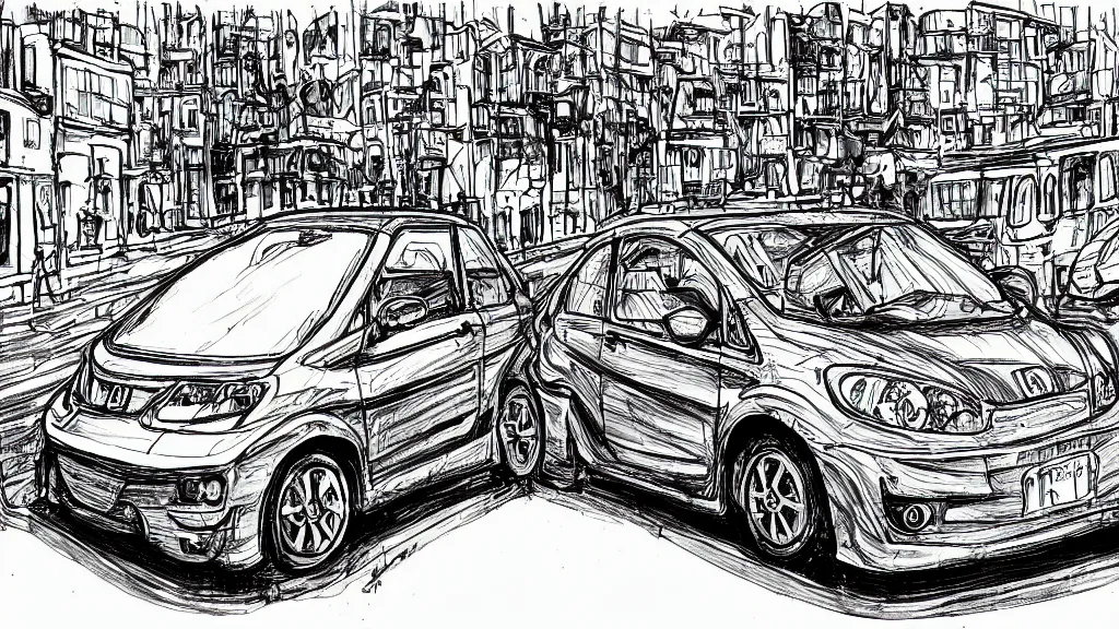 Image similar to compact honda car parked in a european city, ink manga drawing