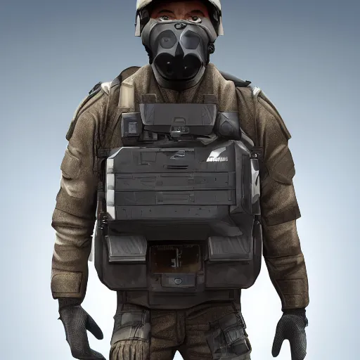 Image similar to futuristic insurgent wearing black helmet, brown cloak, technical vest, and a backpack, photorealistic, digital art