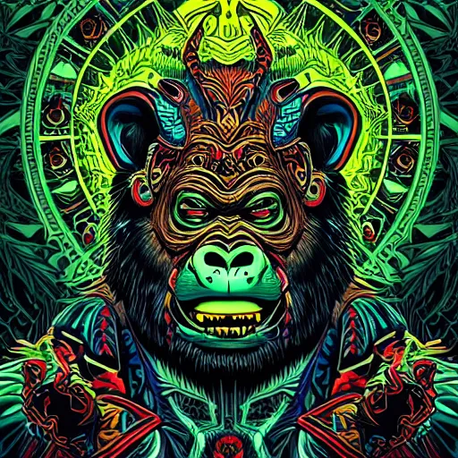 Image similar to barong family member with face and hands crossed, wiwek, mara demon, one single tribe member, jungle, one single mask, dark, ancient warrior, gorilla, lizard, tribal, inner glow, art by dan mumford and justin gerard