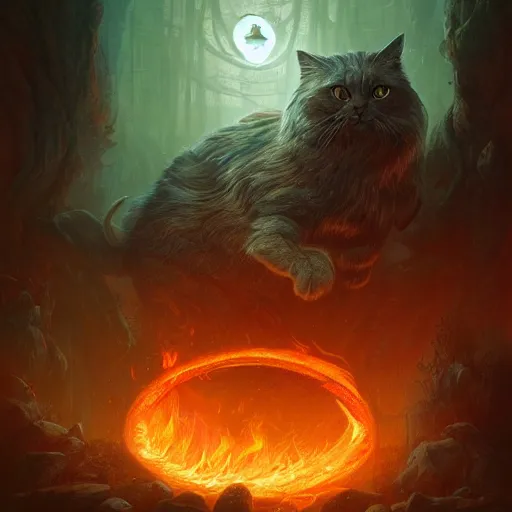 Image similar to anthropomorphic druidic cat in a vortex of flame, 8k resolution matte fantasy painting, cinematic lighting, DeviantArt Artstation, Jason Felix Steve Argyle Tyler Jacobson Peter Mohrbacher