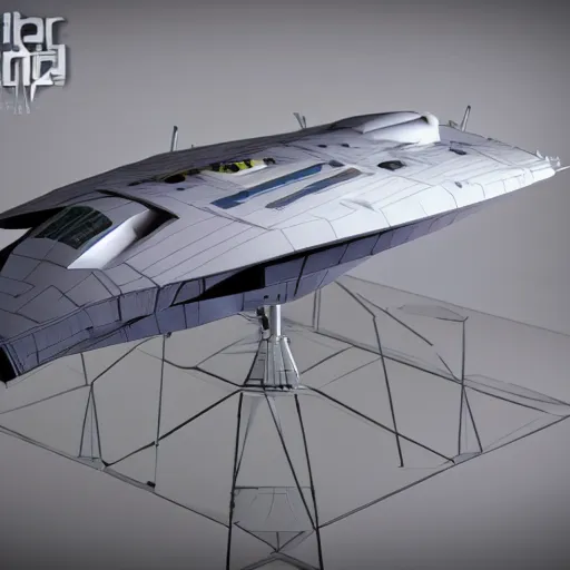 Image similar to hyperrealistic model starship sitting on a table