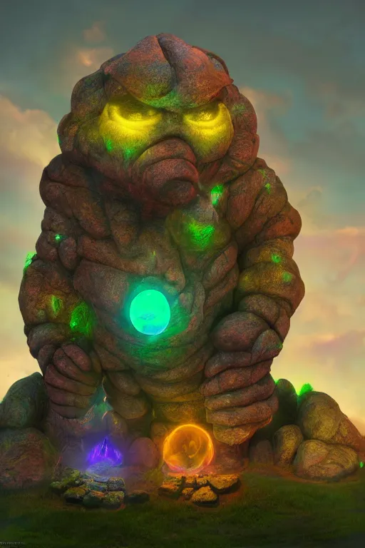 Image similar to arcane fantasy art giant golem elemental wood rock bastion forged gemstone enchanted forest troll, global illumination ray tracing hdr fanart arstation by sung choi and eric pfeiffer and gabriel garza and casper konefal lisa frank zbrush central hardmesh radiating a glowing aura