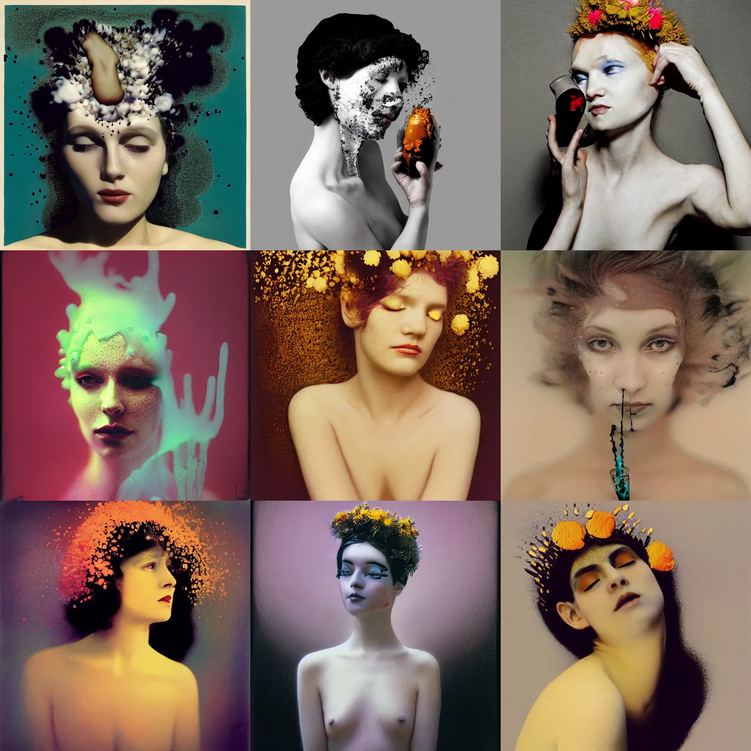 Prompt: melting woman emerging from milk and ferrofluid, kodak portra, 8 k, soft light, fine art portrait photography, flower crown, fashion photography, maxfield parrish, camille vivier, moebius, james jean, yoji shinkawa, odilon redon, gaston bussiere, eugene grasset, janis rozentals