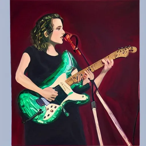 Prompt: Anna Calvi playing electric guitar, oil painting by Lindsay Bernard Hall