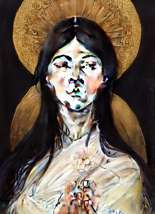 Image similar to beautiful japanese feminine face! portrait of young woman blessed by god with ever - increasing physical and mental perfection, black hair, symmetrical! intricate, elegant, highly detailed, vision of holy perfection!! smile, digital painting, artstation, concept art, smooth, sharp focus, illustration, art by artgerm and greg rutkowski and alphonse mucha